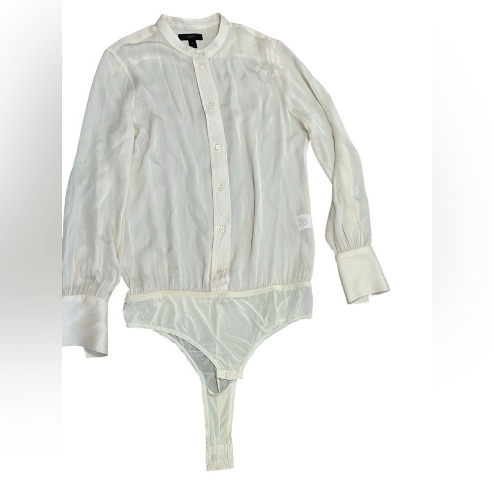 J.Crew Cream Sheer Long Sleeve Bodysuit Size 0 XS Button Front Office Chic